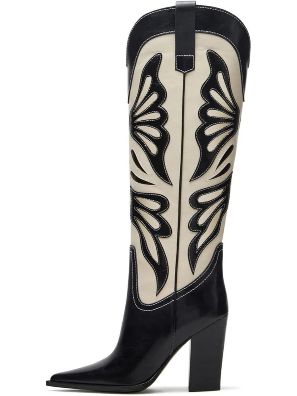 Women's Black Wide Calf Pointed Toe Chunky High Heels Butterfly Cowgirl Boots